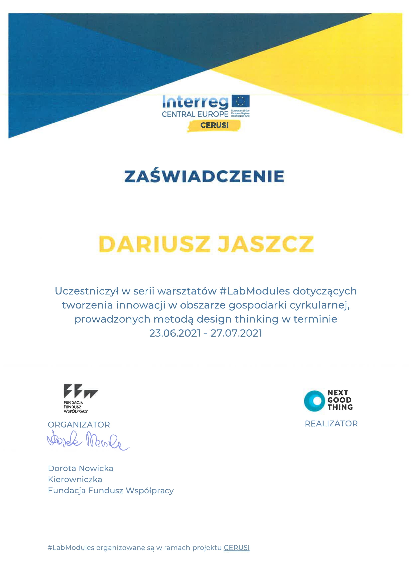You are currently viewing Dariusz Jaszcz otrzymał zaświadczenie za udział w LabModules od Interreg